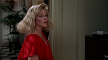 Movie still from “The Naked Gun: From the Files of Police Squad!” (1988), directed by David Zucker – A woman in a red dress standing in front of a wall; Close Up shot, Over the shoulder angle