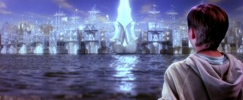 Movie still from “The NeverEnding Story II: The Next Chapter” (1990), directed by George Miller – An image of a ship in the water; Wide shot, High angle