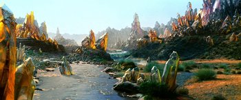 Movie still from “The NeverEnding Story II: The Next Chapter” (1990), directed by George Miller – A painting of a river and mountains in the background; Extreme Wide shot, High angle