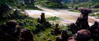 Movie still from “The NeverEnding Story II: The Next Chapter” (1990), directed by George Miller – A painting of a river and rocks on the shore; Extreme Wide shot, High angle