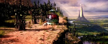 Movie still from “The NeverEnding Story II: The Next Chapter” (1990), directed by George Miller – A painting of two people walking on a dirt path; Extreme Wide shot, High angle