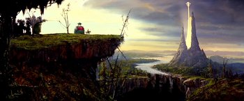 Movie still from “The NeverEnding Story II: The Next Chapter” (1990), directed by George Miller – An oil painting of a man sitting on top of a cliff overlooking a lake; Extreme Wide shot, Low angle