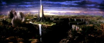 Movie still from “The NeverEnding Story II: The Next Chapter” (1990), directed by George Miller – An oil painting of a landscape with a waterfall and a tower; Extreme Wide shot, High angle