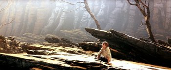 Movie still from “The NeverEnding Story II: The Next Chapter” (1990), directed by George Miller – A man sitting on a rock in the middle of a forest; Wide shot, High angle