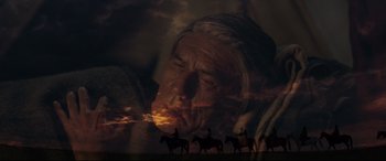 Movie still from “Hostiles” (2017), directed by Scott Cooper – An image of an old man and some horses; Close Up shot, Low angle