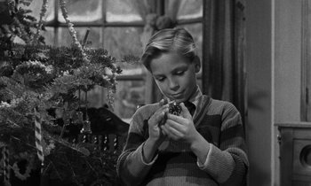 Movie still from “The Night of the Hunter” (1955), directed by Charles Laughton – A young boy holding a pine cone in front of a christmas tree; Close Up shot, Low angle