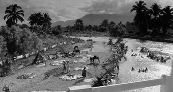Movie still from “The Night of the Iguana” (1964), directed by John Huston – A black and white photo of people washing clothes in a river; Extreme Wide shot, High angle