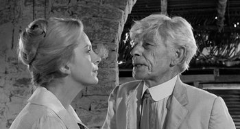Movie still from “The Night of the Iguana” (1964), directed by John Huston – An older man and a younger woman are looking at each other; Close Up shot, Over the shoulder angle