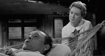 Movie still from “The Night of the Iguana” (1964), directed by John Huston – A man laying in a hammock next to a woman; Close Up shot, Low angle