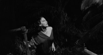Movie still from “The Night of the Iguana” (1964), directed by John Huston – A black and white photo of a woman holding a stick in the dark; Medium shot, Low angle