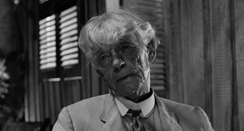 Movie still from “The Night of the Iguana” (1964), directed by John Huston – An old man with a white beard and a suit and tie; Close Up shot, Over the shoulder angle