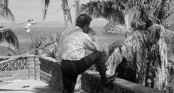 Movie still from “The Night of the Iguana” (1964), directed by John Huston – A black and white photo of a man and a woman sitting on a bench; Wide shot, High angle