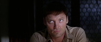 Movie still from “The Ninth Configuration” (1980), directed by William Peter Blatty – A person wearing a brown shirt; Close Up shot, Low angle