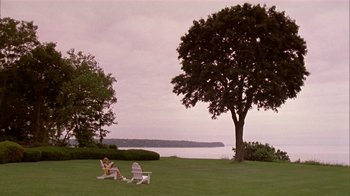 Movie still from “The Object of My Affection” (1998), directed by Nicholas Hytner – A man sitting on a lawn chair next to a tree; Extreme Wide shot, High angle