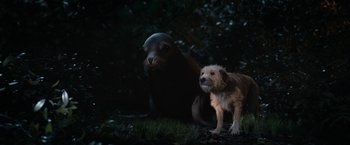 Movie still from “The One and Only Ivan” (2020), directed by Thea Sharrock – A dog standing next to an animal in the grass; Wide shot, High angle
