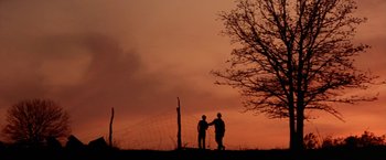 Movie still from “The Outsiders” (1983), directed by Francis Ford Coppola – Two people standing next to each other on a hill; Wide shot, Low angle