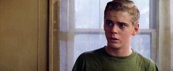Movie still from “The Outsiders” (1983), directed by Francis Ford Coppola – A young man in a green t - shirt stares at the camera; Close Up shot, Over the shoulder angle