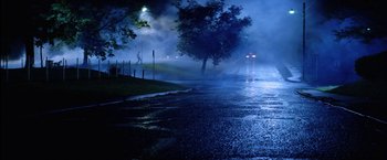 Movie still from “The Outsiders” (1983), directed by Francis Ford Coppola – A wet road with a tree in the middle of the street; Extreme Wide shot, Low angle