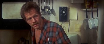 Movie still from “The Owl and the Pussycat” (1970), directed by Herbert Ross – A man in a plaid shirt is looking at the camera; Close Up shot, Low angle