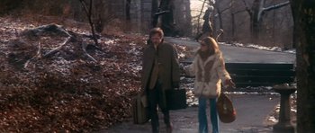 Movie still from “The Owl and the Pussycat” (1970), directed by Herbert Ross – A man and a woman walking down a path holding suitcases; Wide shot, High angle