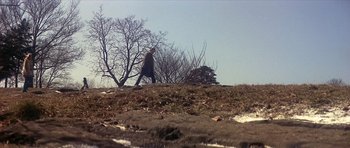Movie still from “The Owl and the Pussycat” (1970), directed by Herbert Ross – A man walking on a hill near some trees; Extreme Wide shot, High angle