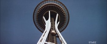 Movie still from “The Parallax View” (1974), directed by Alan J. Pakula – A view of the top of the space needle from the ground level; Extreme Wide shot, Low angle