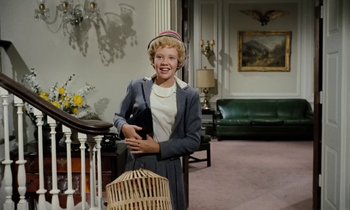 Movie still from “The Parent Trap” (1961), directed by David Swift – A young girl in a room with a bird cage; Medium shot, High angle