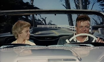 Movie still from “The Parent Trap” (1961), directed by David Swift – A man and a boy in the back seat of a car; Medium shot, Low angle