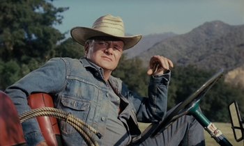 Movie still from “The Parent Trap” (1961), directed by David Swift – A man in a cowboy hat sitting in a horse drawn carriage; Medium shot, Low angle