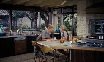 Movie still from “The Parent Trap” (1961), directed by David Swift – Two women are sitting at a table in a kitchen; Wide shot, High angle