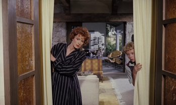 Movie still from “The Parent Trap” (1961), directed by David Swift – A woman and a boy standing in front of a window; Medium shot, Low angle