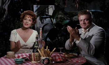 Movie still from “The Parent Trap” (1961), directed by David Swift – A man and a woman sitting at a dinner table clapping; Medium shot, Over the shoulder angle