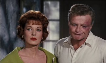 Movie still from “The Parent Trap” (1961), directed by David Swift – An older woman standing next to an older man; Close Up shot, Low angle