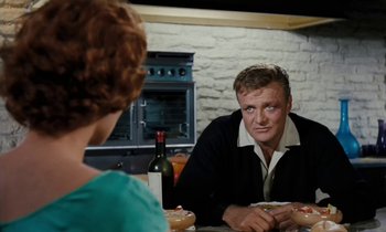 Movie still from “The Parent Trap” (1961), directed by David Swift – A man sitting at a dinner table with a woman; Medium shot, Over the shoulder angle