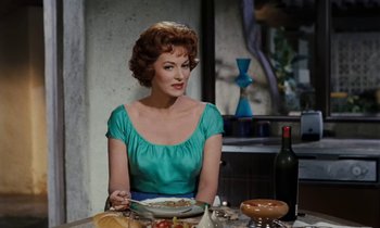 Movie still from “The Parent Trap” (1961), directed by David Swift – A woman sitting at a table with a plate of food in front of her; Medium shot, Over the shoulder angle