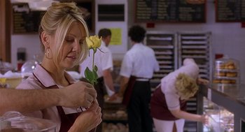 Movie still from “The Perfect Man” (2005), directed by Mark Rosman – A woman holding a yellow rose in her hand; Close Up shot, Over the shoulder angle