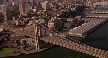 Movie still from “The Perfect Man” (2005), directed by Mark Rosman – An aerial view of a bridge and a city; Extreme Wide shot, High angle