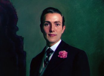 Movie still from “The Picture of Dorian Gray” (1945), directed by Albert Lewin – A painting of a man in a black suit and a pink flower; Close Up shot, Low angle