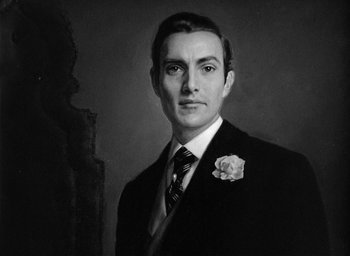 Movie still from “The Picture of Dorian Gray” (1945), directed by Albert Lewin – A black and white portrait of a man wearing a suit and tie; Close Up shot, Low angle