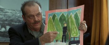 Movie still from “The Pledge” (2001), directed by Sean Penn – An older man holding a marker pointing to a painting; Close Up shot, Over the shoulder angle