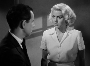 Movie still from “The Postman Always Rings Twice” (1946), directed by Tay Garnett – A man and a woman are talking to each other; Close Up shot, Over the shoulder angle