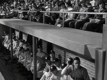 Movie still from “The Pride of the Yankees” (1942), directed by Sam Wood – A black and white photo of a baseball game; Extreme Wide shot, High angle