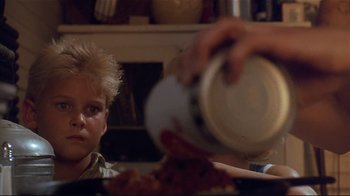 Movie still from “The Prince of Tides” (1991), directed by Barbra Streisand – A young boy sitting at a table with a plate of pizza; Close Up shot, Low angle