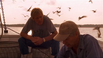 Movie still from “The Prince of Tides” (1991), directed by Barbra Streisand – Two men are sitting on a boat with seagulls flying overhead; Medium shot, Low angle