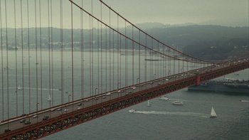 Movie still from “The Princess Diaries” (2001), directed by Garry Marshall – A view of the golden gate bridge from a boat; Extreme Wide shot, High angle