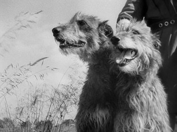 Movie still from “The Private Life of Henry VIII” (1933), directed by Alexander Korda – A person holding a dog's head while standing next to another dog; Close Up shot, Low angle