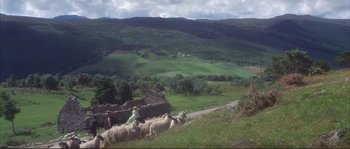 Movie still from “The Private Life of Sherlock Holmes” (1970), directed by Billy Wilder – Two men herding a herd of sheep down a hill; Extreme Wide shot, High angle