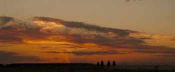 Movie still from “The Proposition” (2005), directed by John Hillcoat – A group of people riding horses on top of a beach; Extreme Wide shot, Low angle
