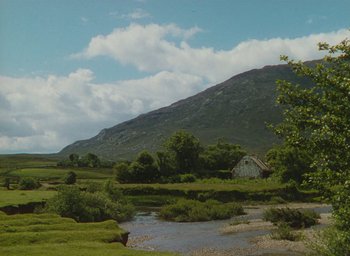 Movie still from “The Quiet Man” (1952), directed by John Ford – A small house in the middle of a green field; Extreme Wide shot, Low angle