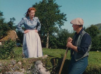 Movie still from “The Quiet Man” (1952), directed by John Ford – An older man and a young woman standing in a field; Wide shot, Low angle